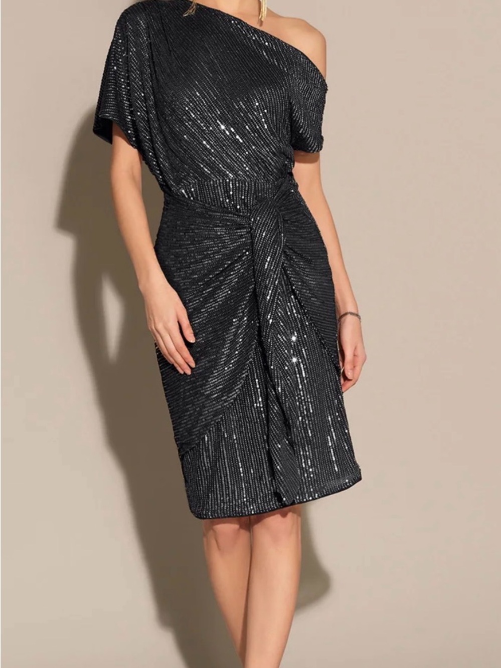 NWT Grace Karin Black One-Shoulder Sequin Knot-Front Dress